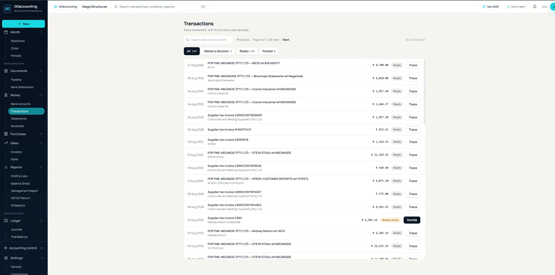 GOaccounting — the actual application: the Transactions workbench with every movement traceable, ready or queued for a decision